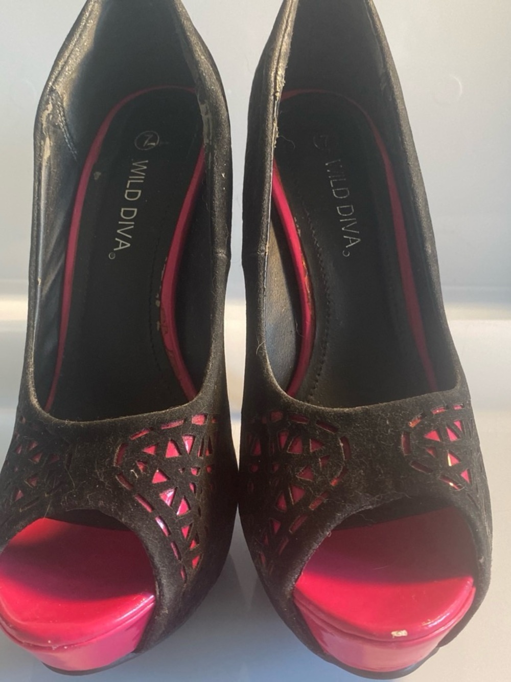 Wild Diva Black and Pink Cutout Peep-Toe Platform Heels